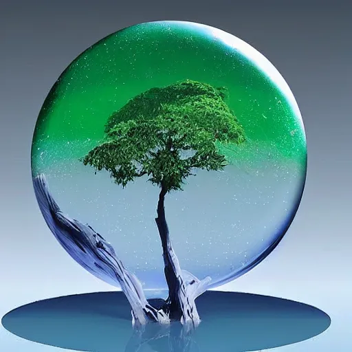 Prompt: a tree growing from a round crystal formation floating in space, by vincent di fate