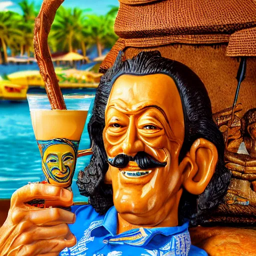 Image similar to a closeup photorealistic photograph of smiling salvador dali at trader vic's bar sitting next to a trader vic's style tiki mug featuring the face of salvador dali. tiki culture. bright scene. 4 k hd image that's trending on artstation, featured on behance, well rendered, extra crisp, features epic composition and the style of unreal engine.