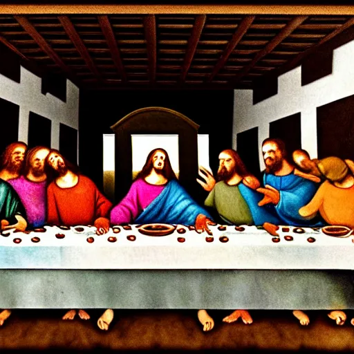 Image similar to The Last Supper but it's very creepy and distorted, dark color palette