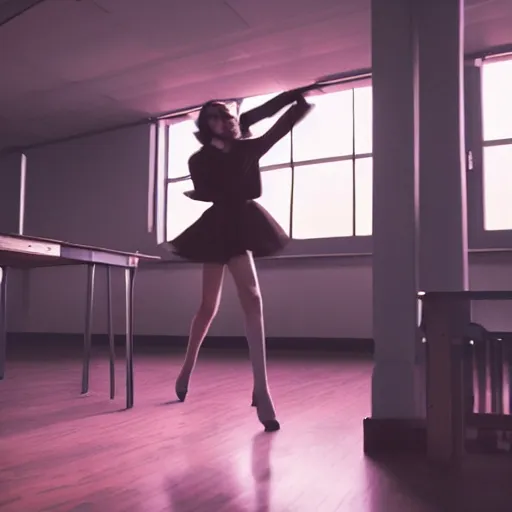 Image similar to film still of stylish girl dancing on school desk, tilted frame, 3 5 °, dutch angle, cinematography from music video