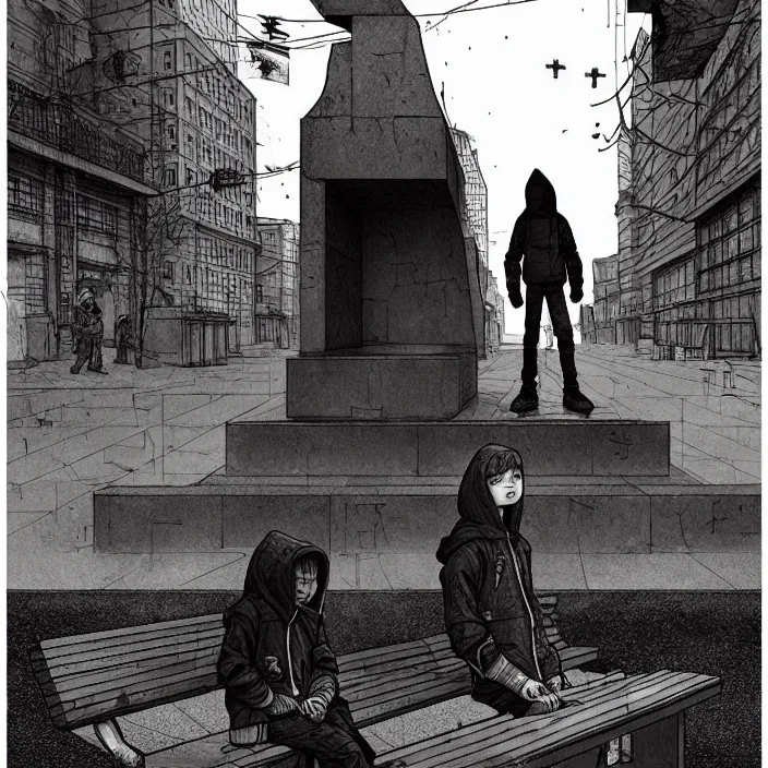 Image similar to storyboard : sadie sink in hoodie sits on bench in ruined square, pedestrians walk by, soviet monument and propaganda posters. scifi cyberpunk. by gabriel hardman. cinematic atmosphere, detailed and intricate, perfect anatomy