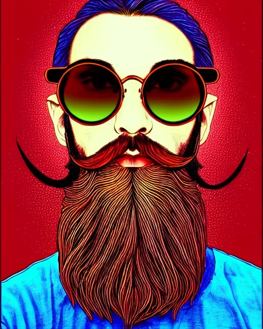 Prompt: detailed hipster skinny man with star sunglasses, long vibrant colored beard, dmt, by james gurney + intricate and vibrant work + portrait + trending on artstation + incredible gothic illustration + exquisite detail + red shirt