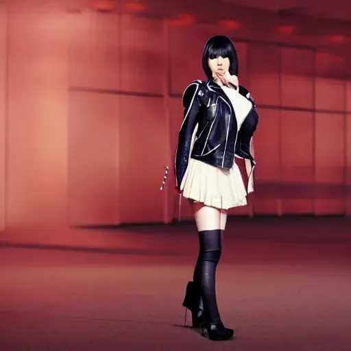 Image similar to a dynamic, epic cinematic 8K HD movie shot of a japanese young J-Pop idol girl wearing leather jacket, miniskirt, nylon tights and high heels boots. Motion, VFX, Inspirational arthouse