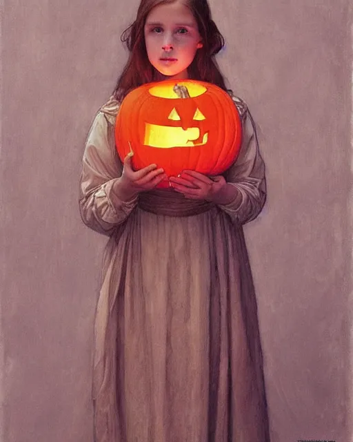 Prompt: an art nouveau candlelit portrait painting of a thoughtful girl resembling a young, shy, redheaded alicia vikander or millie bobby brown wearing peasant dress carrying a jack - o - lantern in a fall forest at night, highly detailed, intricate, concept art, artstation, by donato giancola, alphonse mucha, and william bouguereau