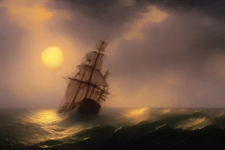 Image similar to Ghost ship in the stormy sea, sunset, by Aivazovsky, trending on artstation, bright sunny day, 8k, sharp high quality,