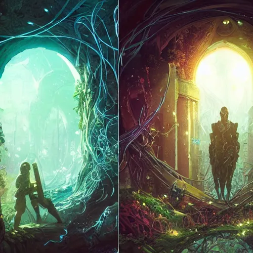 Prompt: Abandoned multiverse portals cover is thick Vines from the Pangea,bright,soft,by greg rutkowski and rossdraws and victo nagi