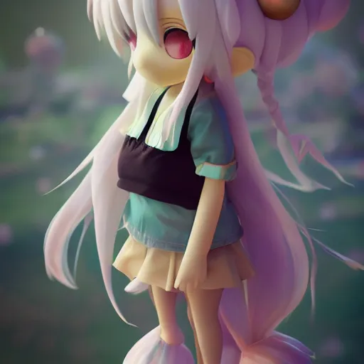 Image similar to cute fumo plush of a girl with a big heart, very long and unkempt hair, stylized pbr, subsurface scattering, outline glow, blob anime, bokeh, vray