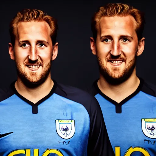 Image similar to a photograph of Harry Kane wearing a Manchester City jersey, black background, studio lighting