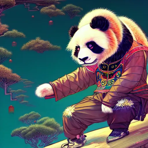 Image similar to a beautiful hyperdetailed character design 4 k wallpaper illustration of a cute panda with a chinese lion dance head victo ngai cyberpunk style, from china, style of studio ghibli, makoto shinkai, raphael lacoste, louis comfort tiffany, artgerm, james jean, ross tran, chinese style