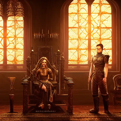 Image similar to the elder scrolls vi majestic gracious jarl portrait, stately throne room, painted, dark room, one point of light coming through the window, atmospheric lighting, painted, intricate, volumetric lighting, beautiful, golden hour, sharp focus, ultra detailed, by leesha hannigan, ross tran, thierry doizon, kai carpenter, ignacio fernandez rios