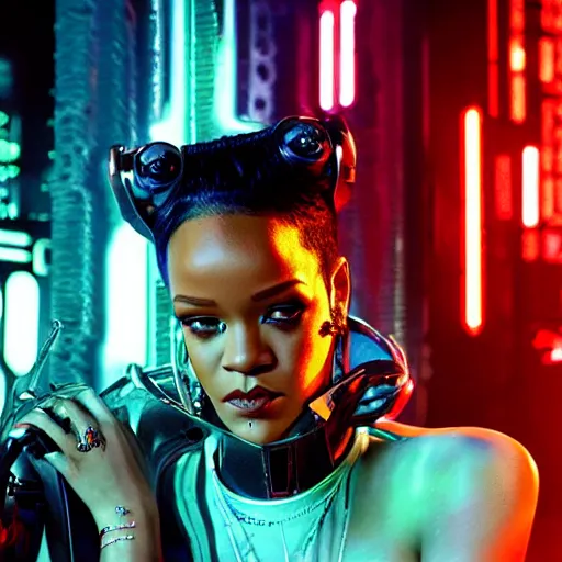 Prompt: portrait of rihanna as a cyborg in a futuristic city, surrounded by neon lights, cinematic, fantasy