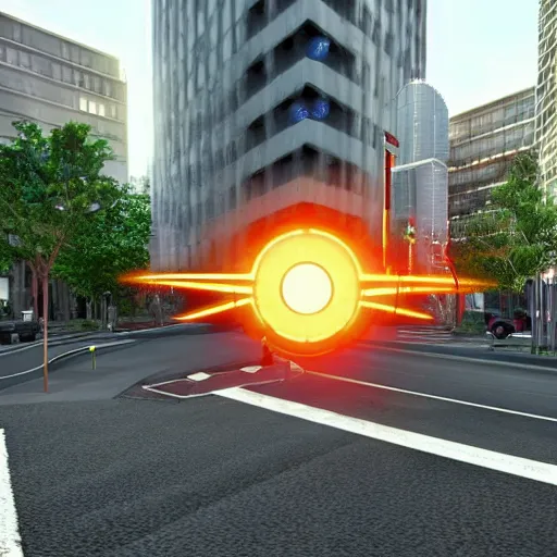 Image similar to a realistic photo of an intersection that uses portals from the video game portal 2 to control traffic by sending vehicle into blue portals and out of organge portals at an intersection, trending on cgstation