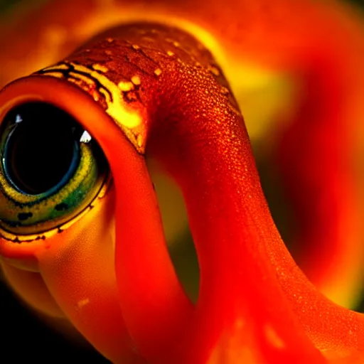 Image similar to fiery whimsical emotional eyes cephalopod, in a photorealistic macro photograph with shallow dof