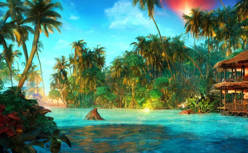 Image similar to a tropical resort in a jungle paradise, with a beautiful red and blue sunset, dynamic lighting, photorealistic fantasy concept art, trending on art station, stunning visuals, creative, cinematic, ultra detailed, ray tracing, sun rays, native tribes, wonderous waters, amazing detail