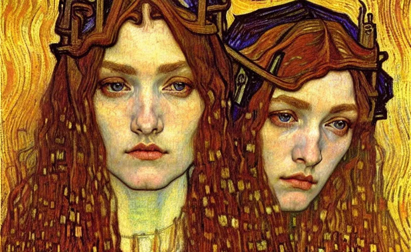 Image similar to detailed realistic beautiful young medieval queen face portrait by jean delville, gustav klimt and vincent van gogh, art nouveau, symbolist, visionary, gothic, pre - raphaelite, muted earthy colors, desaturated