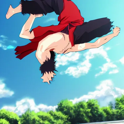 Prompt: anime Jesus doing a backflip, action photograph, motion blur, 8k UHD