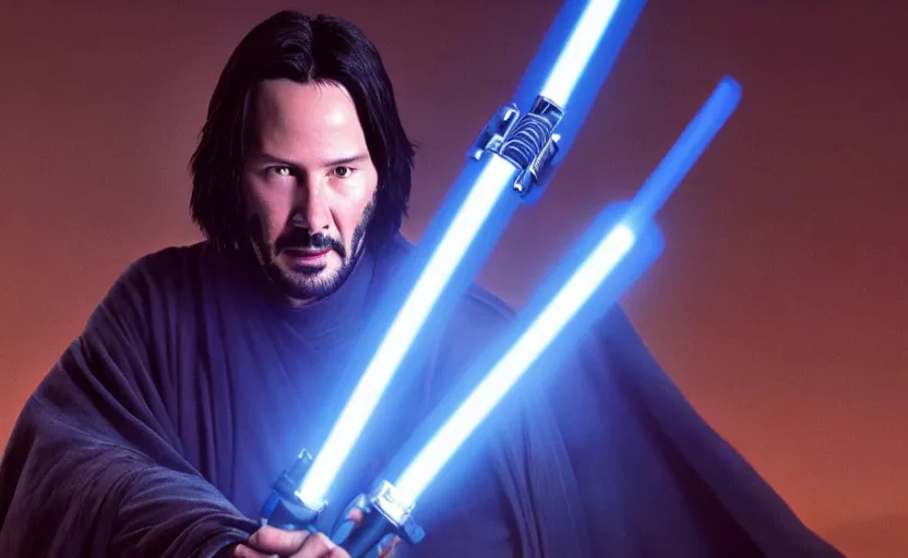 Image similar to keanu reeves as a jedi master with a blue lightsaber fighting a sith lord in an ancient bioluminescent forest, perfect symmetrical face, full moon, moody lighting, 8 k, shallow depth of field, intricate detail,