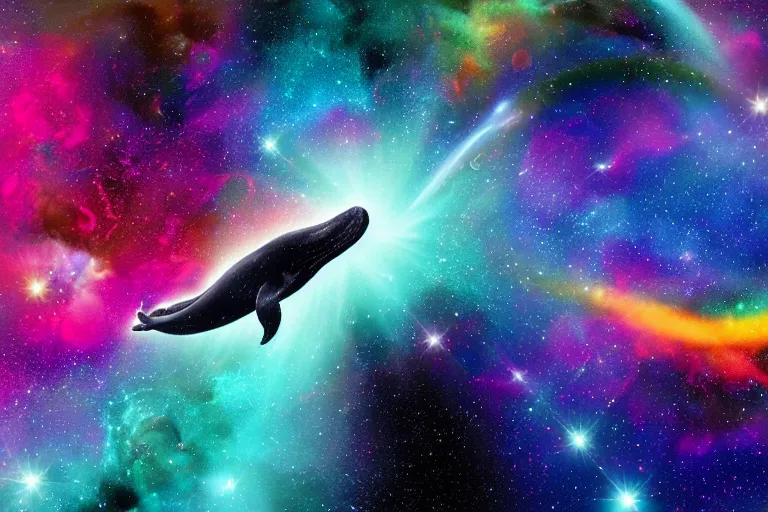 Image similar to a cosmic humpback whale swimming through a colorful space nebula with a black hole, event horizon, digital art, photorealistic