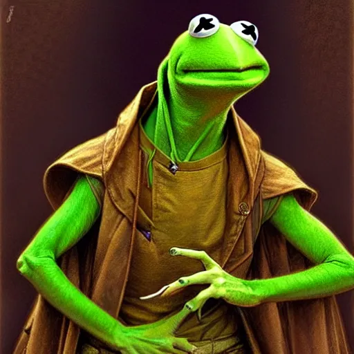 Image similar to full portrait of kermit the frog in the matrix, fantasy, d & d, intricate, detailed, by by alphonse mucha, adolfo hohenstein, alice russell glenny, stanley artgerm lau, greg rutkowski, detailed, trending on artstation, trending on artstation, smooth