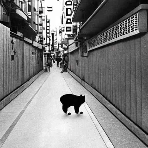 Prompt: a massive kitty walking through a model city of tokyo. ( 1 9 6 4 )