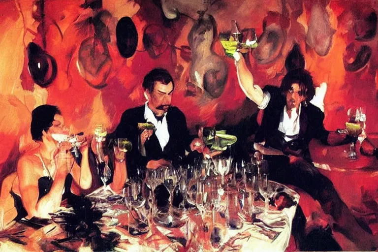 Image similar to glam rockers drinking brutal and raw wine, inside a green cave with red lights by joaquin sorolla, phil hale, extremely detailed, greek style