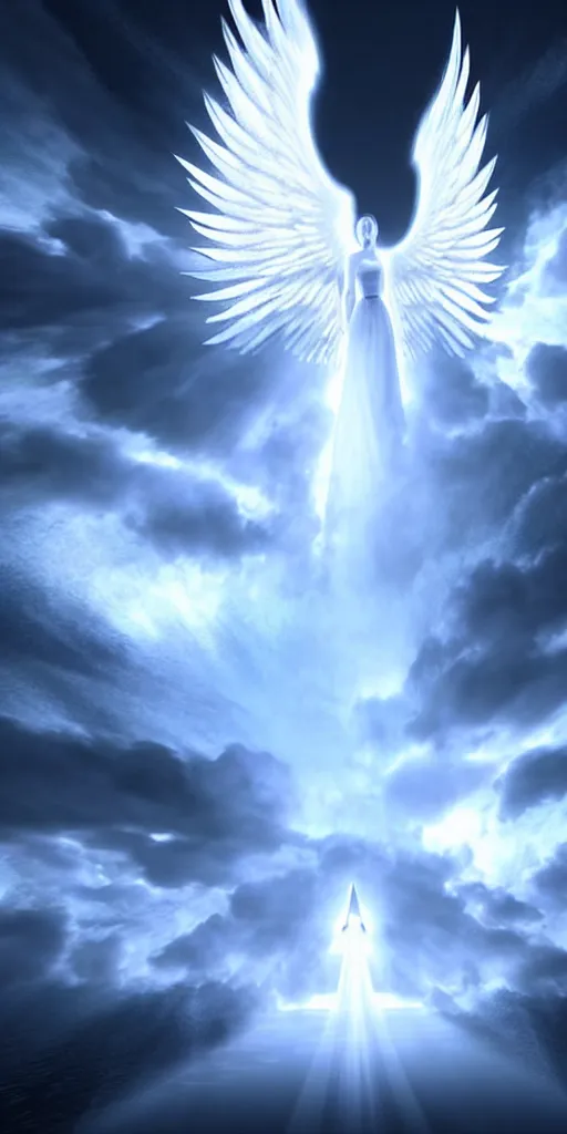 Image similar to a way to go to heaven. very beautiful and peaceful celestial way in the sky to go to the gate of heaven. we can see very detailed angels fly near this way. souls are across the way. white ominous. volumetric light, intricate, very beautiful fantasy art, digital illustration. unreal engine 5 rendering.