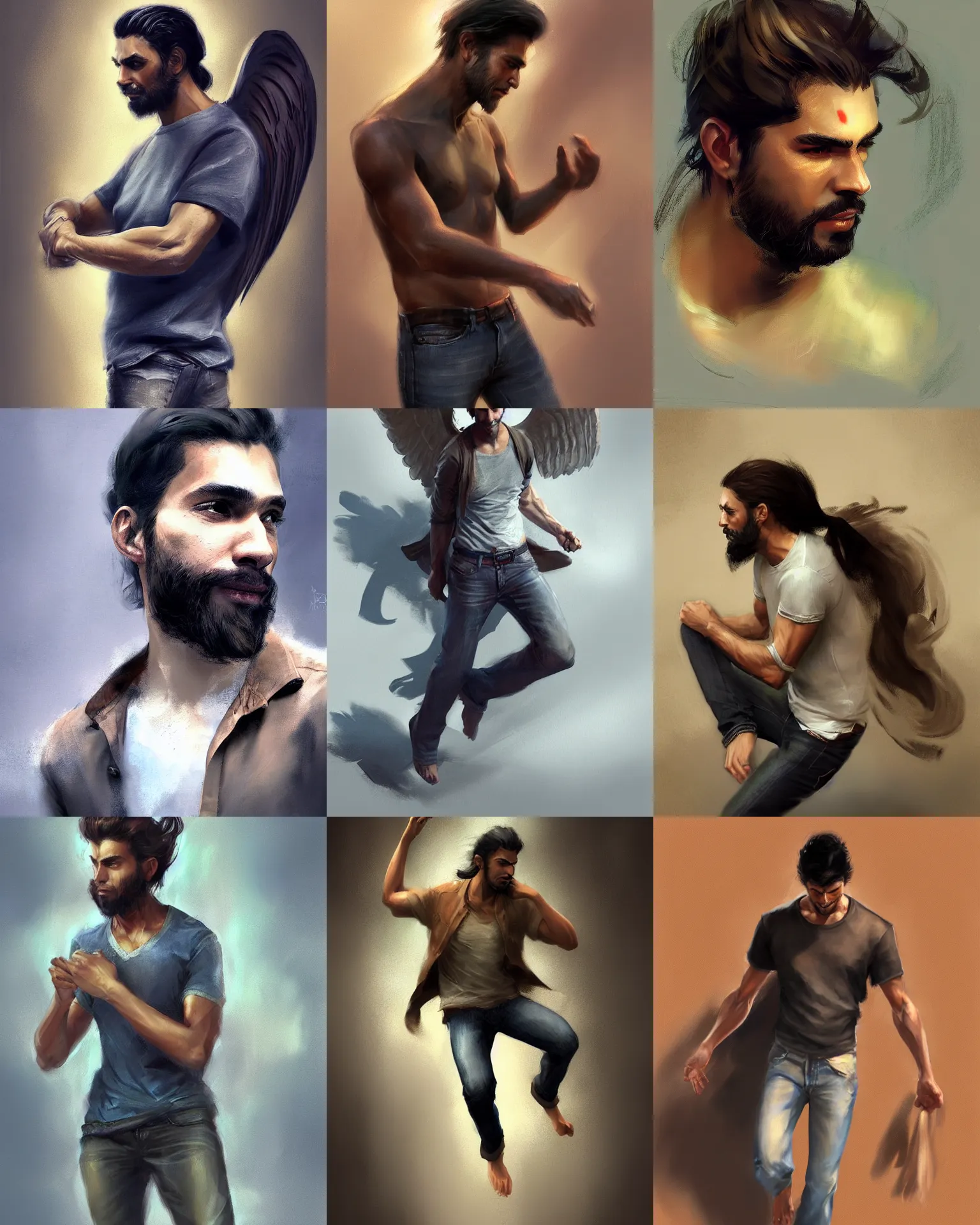 Prompt: handsome male angel. Smooth brown skin, beardless, hair in a ponytail. Shirt, jeans and barefoot. Digital painting, concept art, smooth, sharp focus, illustration, by Ruan Jia