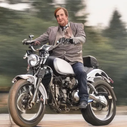 Image similar to A photo of Saul Goodman riding a motorcycle, highly detailed, 4k