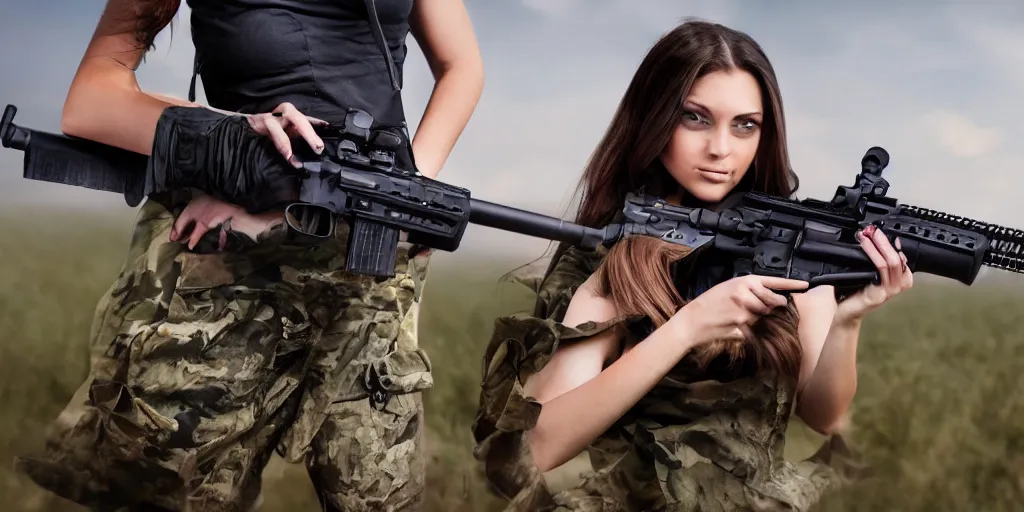 Image similar to hyperrealistic photo of a hot girl holding an ar - 1 5, 8 k