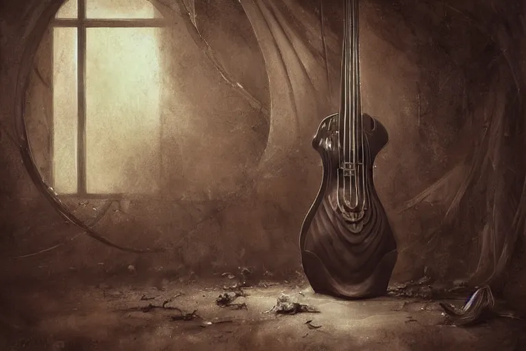 Image similar to still life of a cursed baroque oud with ebony inlay, designed by brian froud and hr giger leans against the wall alone, abandoned. an empty brutalist chamber, lonely, somber, a thin wisp of smoke rises from the lute. late afternoon lighting cinematic fantasy painting by jessica rossier