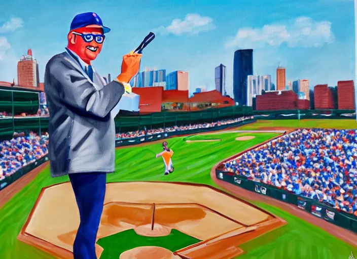 Image similar to painting of harry caray singing take me out to the ball game, malort bottle in hand, wrigley field background, blue sky, baseball, sharp,