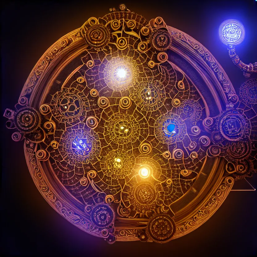 Image similar to a fractal mandala of cyborg components, fine details, digital art, volumetric lighting, cinematic light, photorealistic