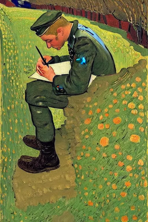 Image similar to a beautiful painting of a soldier writing a letter to home, in the trench, wwii, cuno amiet