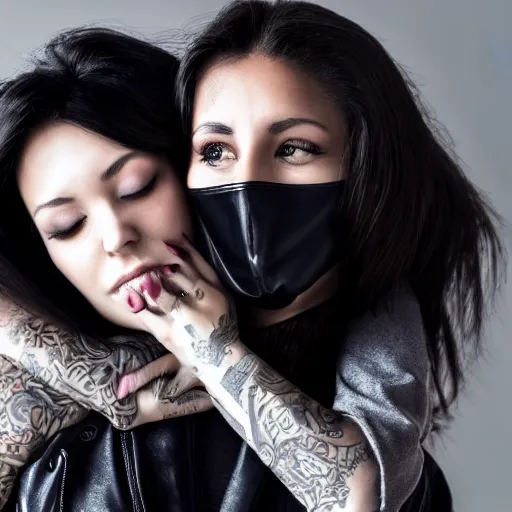 Image similar to Hot young woman, grey skin, void eyeballs, tattoos, wearing a leather jacket, comforting someone in a shroud and mask, hugging them as they cry on her chest