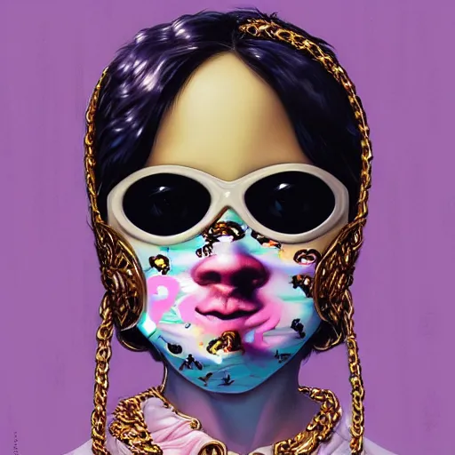 Image similar to Lofi vaporwave portrait baby cherub angel, ski mask, balaclava, face covered, Gucci, Nike, Chanel, multiple gold chains, Pixar style, Tristan Eaton, Stanley Artgerm, Tom Bagshaw