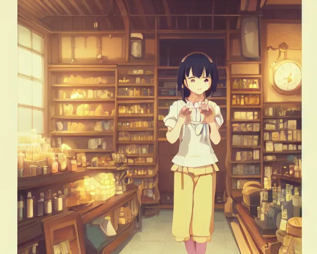 Image similar to anime visual, portrait of a young female traveler in a alchemist's shop interior, cute face by yoh yoshinari, katsura masakazu, studio lighting, dynamic pose, dynamic perspective, strong silhouette, anime cels, ilya kuvshinov, cel shaded, crisp and sharp, rounded eyes, moody