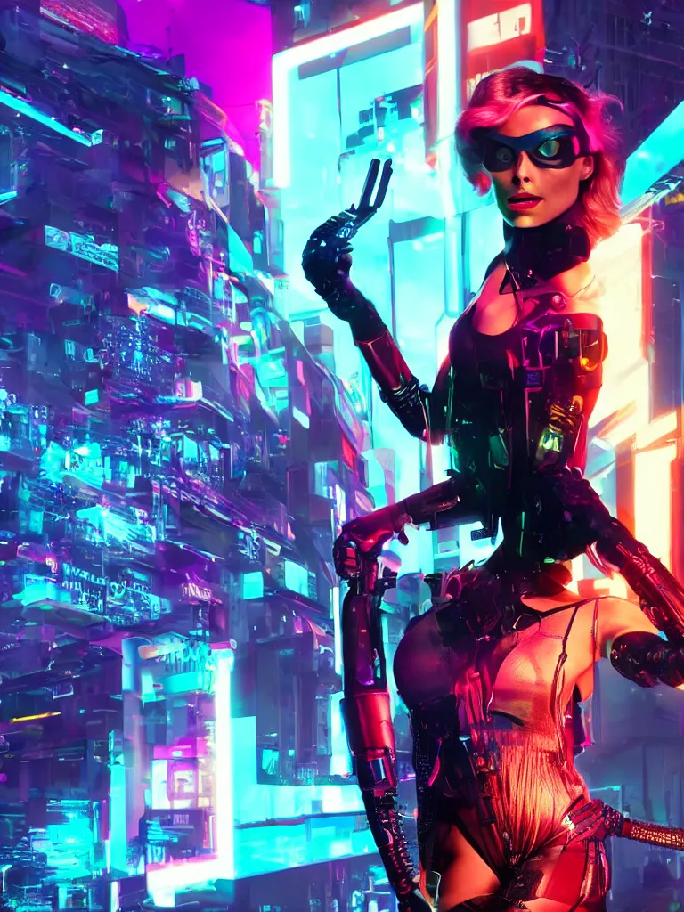 Image similar to margot robbie as a cyberpunk ninja, retro futurism, flashy colors, ray tracing, realistic, rendered in unreal, 8 k, cinematic lighting, highly detailed