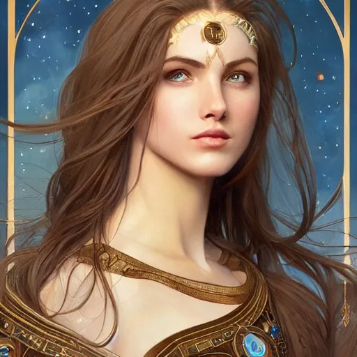 Prompt: beautiful celestial mage, sparkling eyes, stars in her eyes, shining eyes, grinning, elegant, enticing, sharp features, brown flowing hair, traditional roman armor, highly detailed, digital painting, artstation, concept art, smooth, sharp focus, beautiful face, expressive eyes, illustration, art by Artgerm and greg rutkowski and alphonse mucha