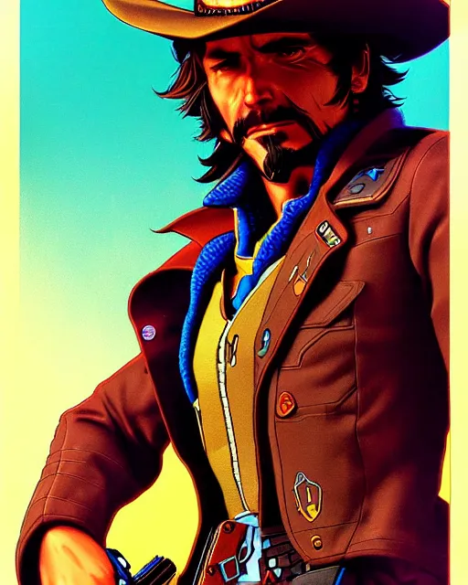 Image similar to mccree from overwatch, cyber space cowboy, outter space, character portrait, portrait, close up, concept art, intricate details, highly detailed, vintage sci - fi poster, retro future, vintage sci - fi art, in the style of chris foss, rodger dean, moebius, michael whelan, and gustave dore