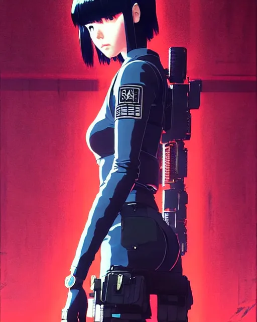 Image similar to girl wearing in tactical gear | | audrey plaza, fine detail!! anime!! realistic shaded lighting!! dramatic!! poster by ilya kuvshinov katsuhiro otomo ghost - in - the - shell, magali villeneuve, artgerm, jeremy lipkin and michael garmash and rob rey