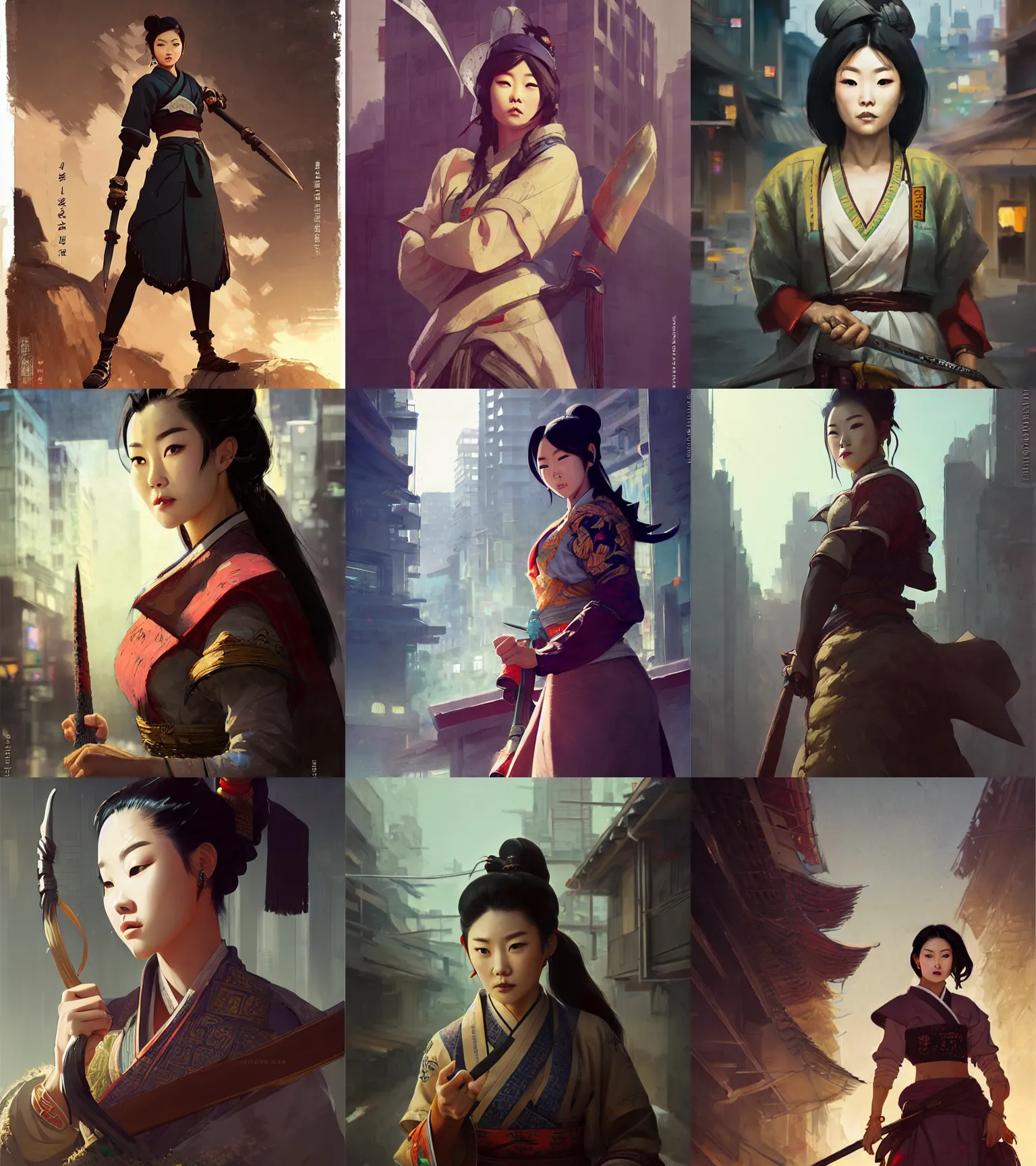 Prompt: a portrait of arden cho chef character in a modern korean city by marco bucci and greg rutkowski and frank frazetta, sharp focus, detailed, cinematic, hanbok, ornate korean polearm behind her