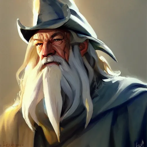 Image similar to greg manchess portrait painting of gandalf as overwatch character, medium shot, asymmetrical, profile picture, organic painting, sunny day, matte painting, bold shapes, hard edges, street art, trending on artstation, by huang guangjian and gil elvgren and sachin teng