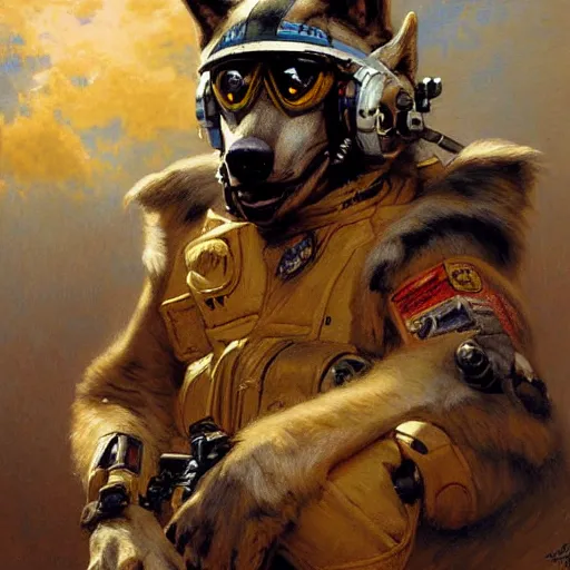 Image similar to a portrait of a wolf dogman canine star pilot. highly detailed painting by gaston bussiere, craig mullins, j. c. leyendecker, furry