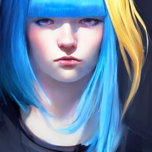 Image similar to ilya kuvshinov with long sky blue hair, gold eyes, boyish face, professional digital painting, concept art, ultra sharp, 8 k, cinematic, wlop, color block, in the background, art by greg rutkowski, pixiv art, art nouveau, yoshitaka amano