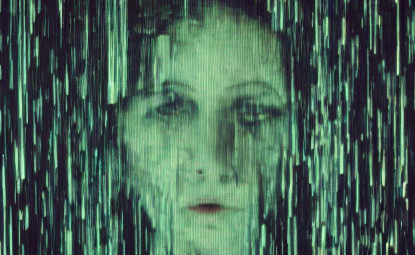 Prompt: vhs tape glitch video of a pixelated portrait woman trying hidden underneath a transluscent sheet, horror, moody vibe, vcr tape, 1 9 7 0 s analog aesthetic, directed by david lynch, videodrome