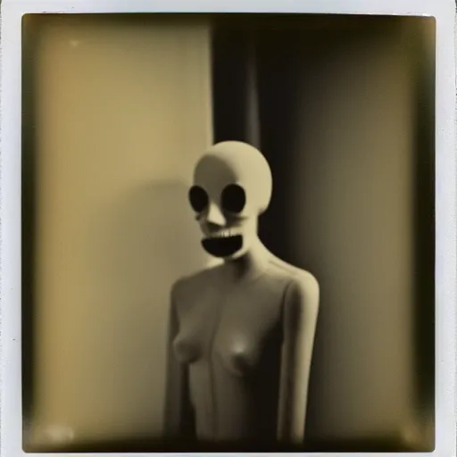 Image similar to a bizzare mannequin with a screaming face in a dark room, abandoned, creepy, eerie, scary, old polaroid, expired film, out or focus,