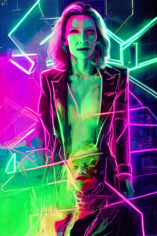 Image similar to cate blanchett ,neon colors, strong lighting, by Josan Gonzalez, HD, 4K