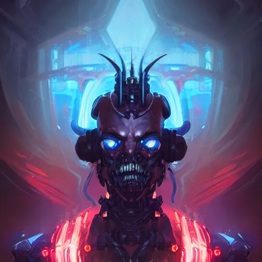 Image similar to a portrait of a demonic cybernetic duke of hell, cyberpunk concept art by pete mohrbacher and wlop and artgerm and josan gonzales, digital art, highly detailed, intricate, sci-fi, sharp focus, Trending on Artstation HQ, deviantart, unreal engine 5, 4K UHD image