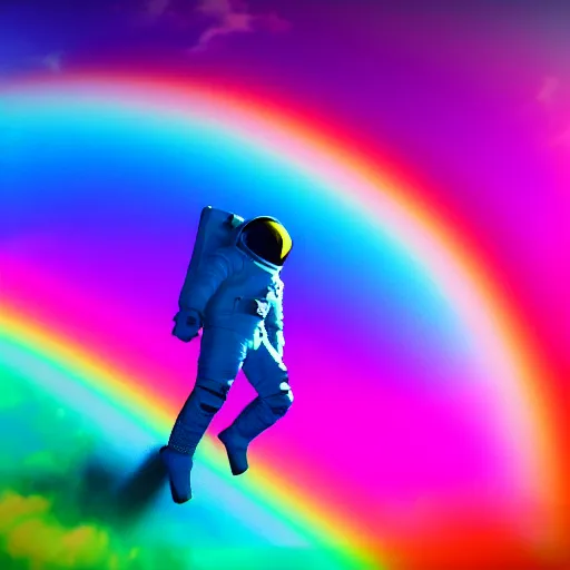 Image similar to rainbow vapor wave astronaut full body wide shot gradient map cyan magenta yellow, movie still, cinematic, photorealistic, extreme detail, sharp focus, 8 k, intricate, hyper detailed, realistic, cinematic lighting