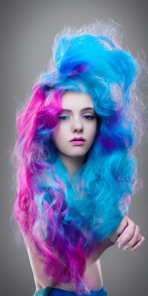 Image similar to a dramatic photo of a beautiful young woman with cotton candy hair. with a little bit of cyan and pink